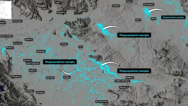 Δορυφορική απεικόνιση των πλημμυρών στη Θεσσαλία – Περίπου 720.000 στρέμματα οι πλημμυρισμένες εκτάσεις
