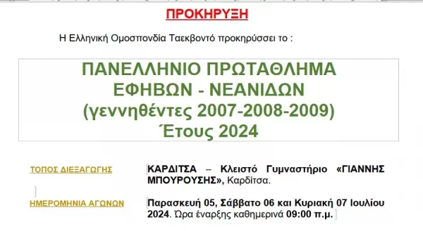 TKD: Πανελλήνιο πρωτάθλημα εφήβων/νεανίδων, η προκήρυξη